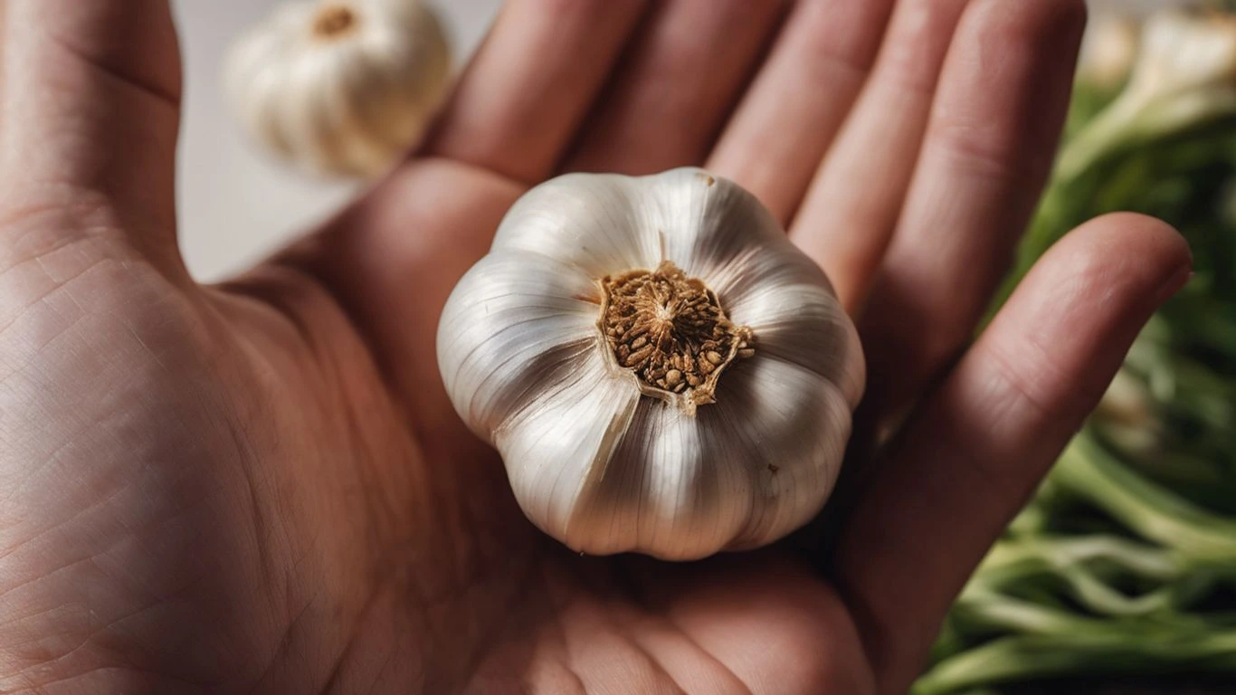 Garlic clove in a person's hand